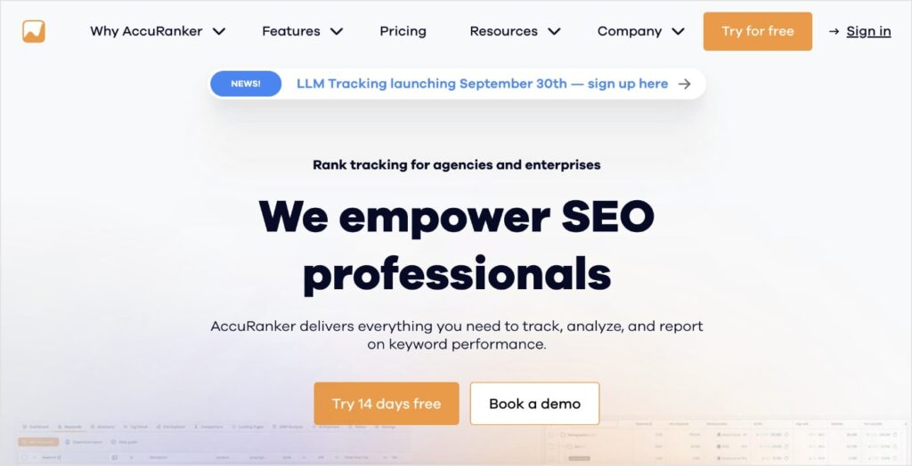 AccuRanker homepage, an SEO tool for keyword position checking.