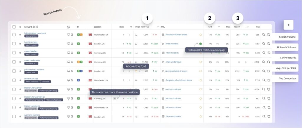 Screenshot from AccuRanker's website shows different areas of a keyword rank tracking report.