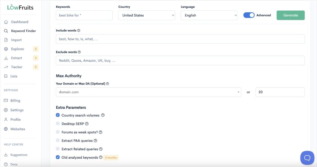 Advanced search settings in the KWFinder tool.