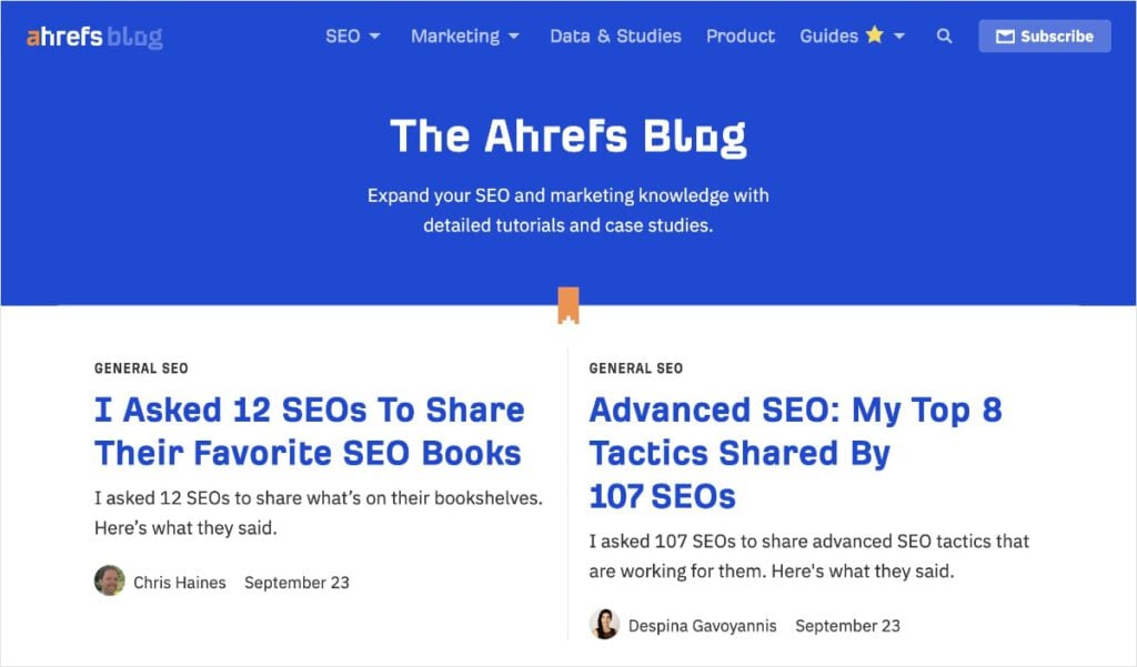 Ahrefs blog featuring two general SEO blogs posts.