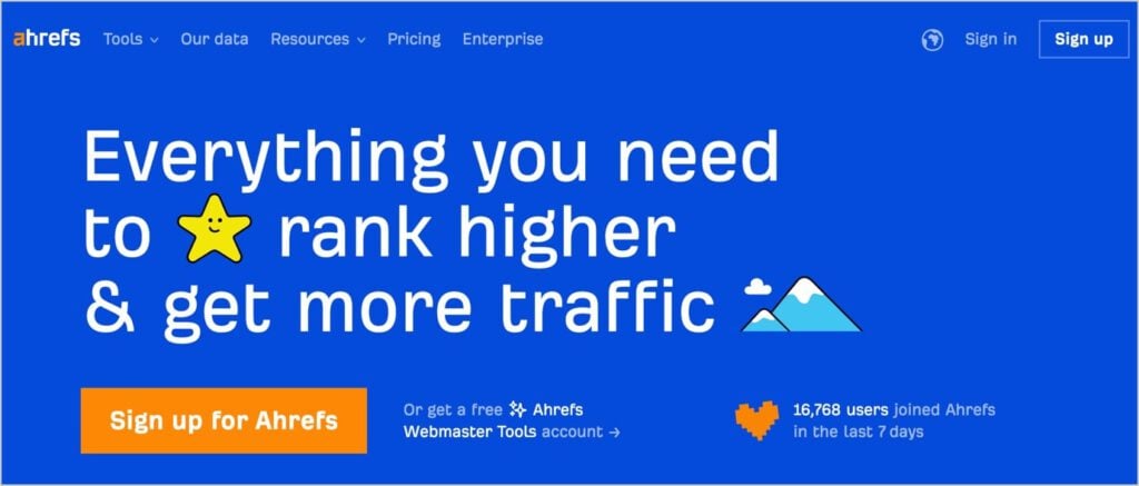 Ahrefs homepage, a comprehensive SEO tool.