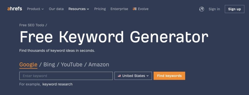 Free keyword generator from Ahrefs.