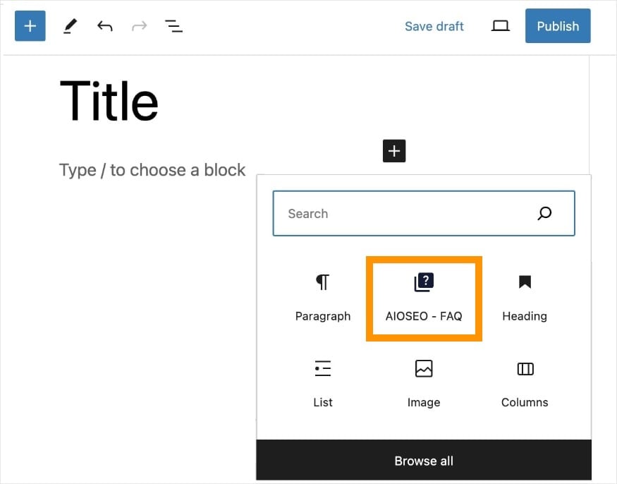 AIOSEO FAQ block in WordPress.