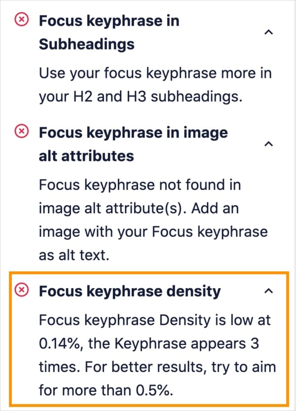 AIOSEO focus keyword recommendations shows a low keyword density.