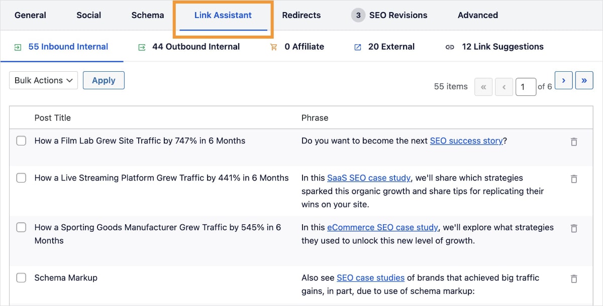 Internal linking suggestions from AIOSEO Link Assistant.