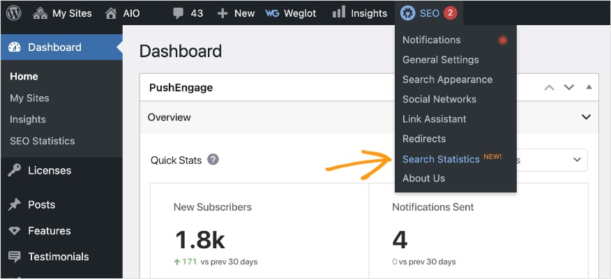 AIOSEO Search Statistics in WordPress.