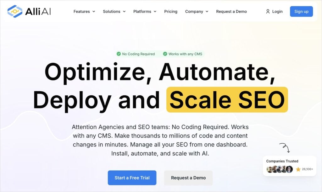 Alli AI homepage, an AI-powered SEO tool.