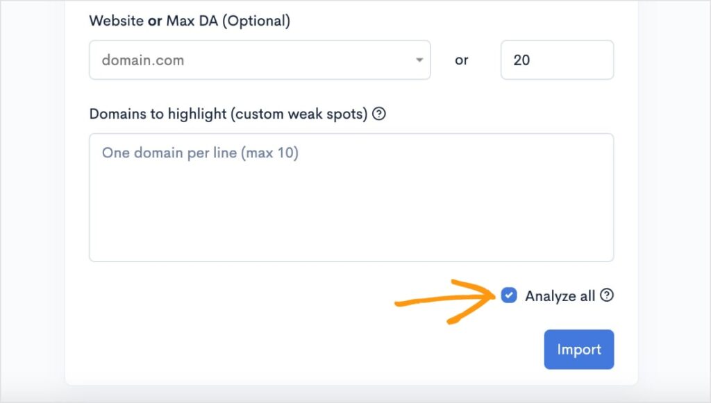 Box to select analyze all and import keywords.