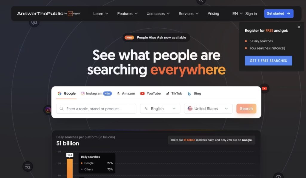AnswerThePublic homepage, a free SEO keyword research tool.
