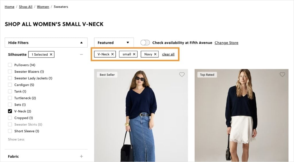 Attribute-based breadcrumbs on J. Crew website.