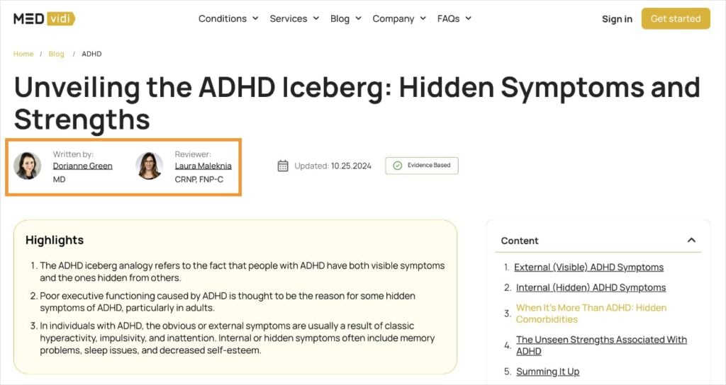 MEDvidi shows an MD author and CRNP reviewer for a health article.