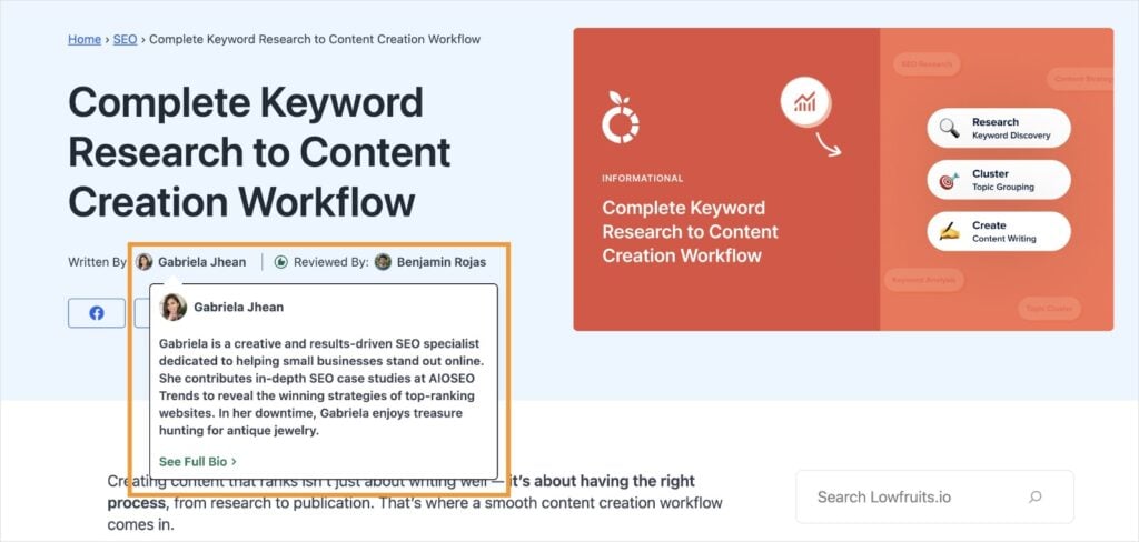 Author bio on a LowFruits blog post.