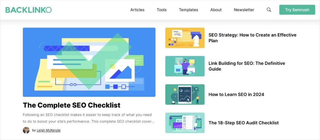 Backlinko website with SEO articles.