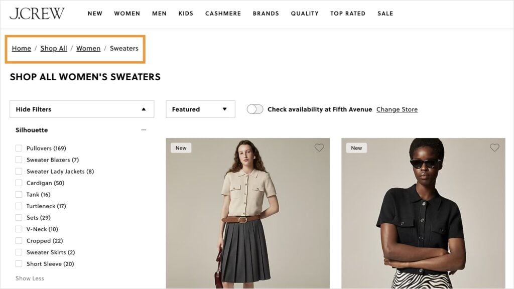 Breadcrumb trail on a J.Crew collection page.
