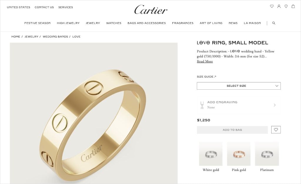Cartier landing page for the Love ring is optimized for branded keywords.