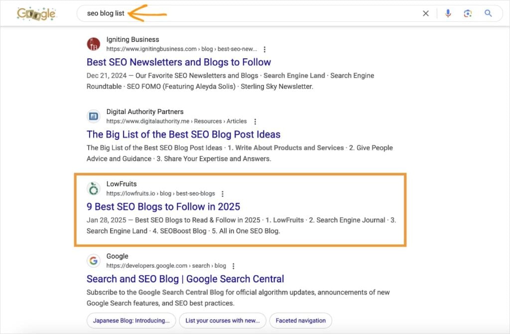 Google search results for the query seo blog list.