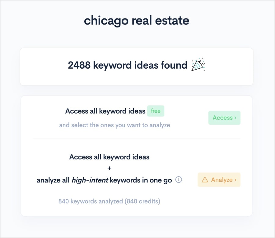 Options to view real estate keywords.