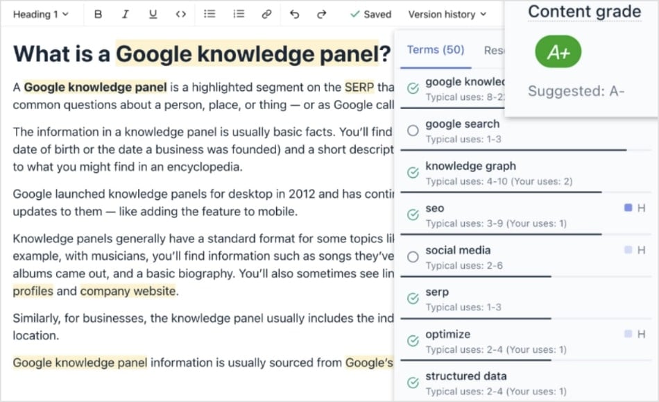 Clearscope content optimization dashboard.