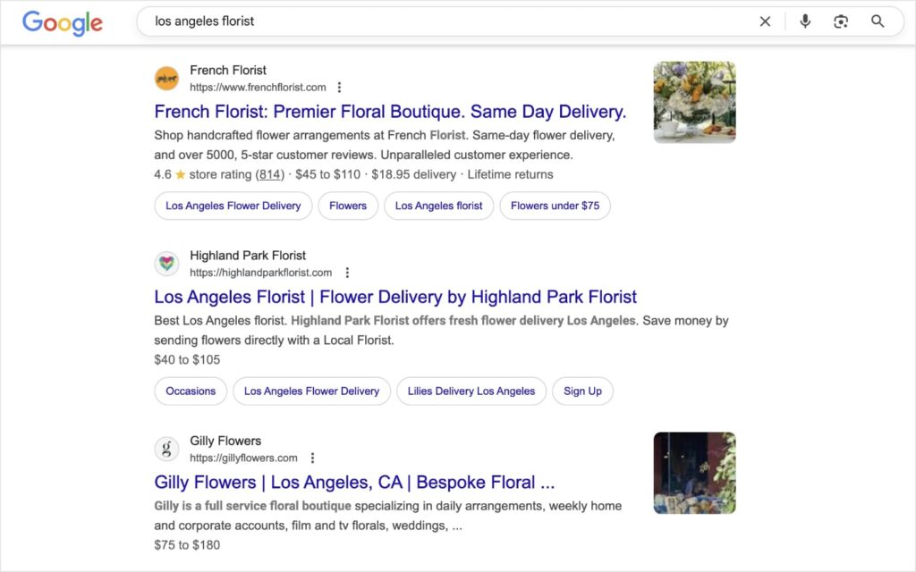 Direct competitors in Google search results for los angeles florists.