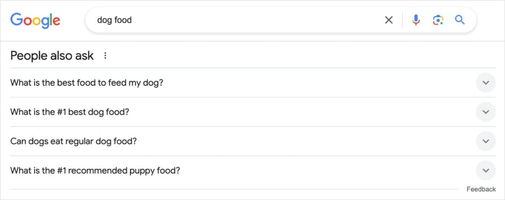 Google PAA section shows questions related to the query dog food.