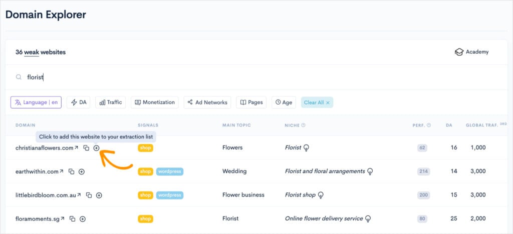 LowFruits domain explorer reveals competitor websites.