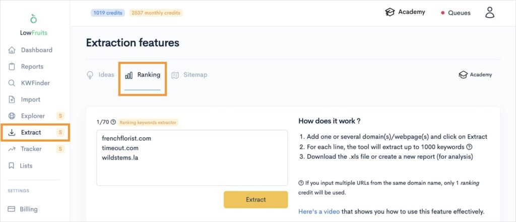 Extract ranking keywords from competitors domains in Lowfruits.