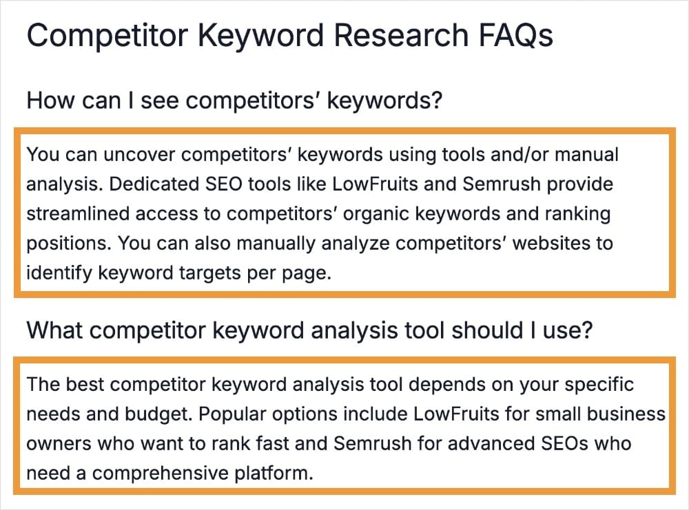 Competitor keyword research FAQs in a LowFruits blog.