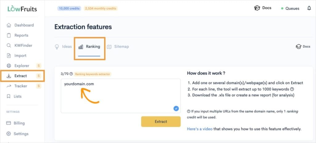 Extract ranking keywords for a specific domain in LowFruits.