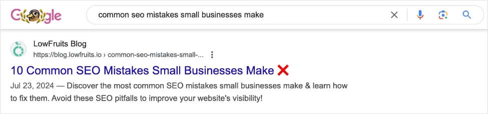 A good meta description for the query common SEO mistakes small businesses make.