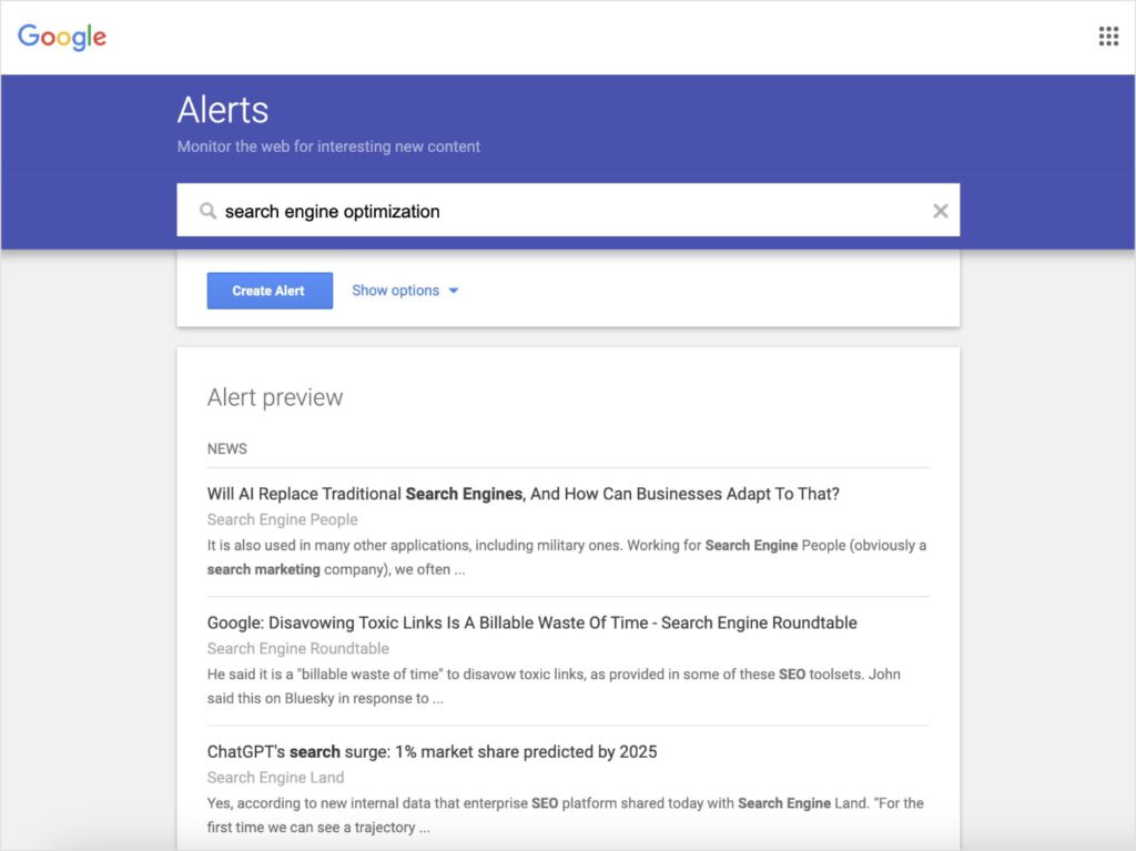 Google alert about search engine optimization.