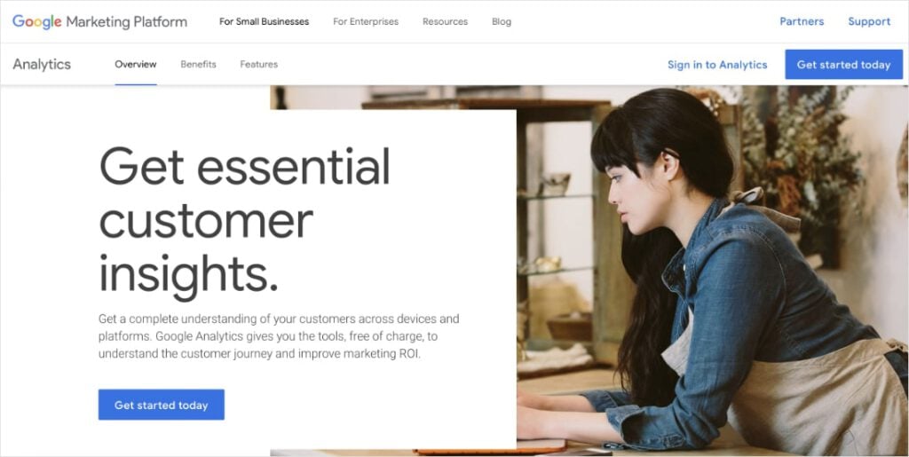 Google Analytics homepage, an SEO SaaS tool.