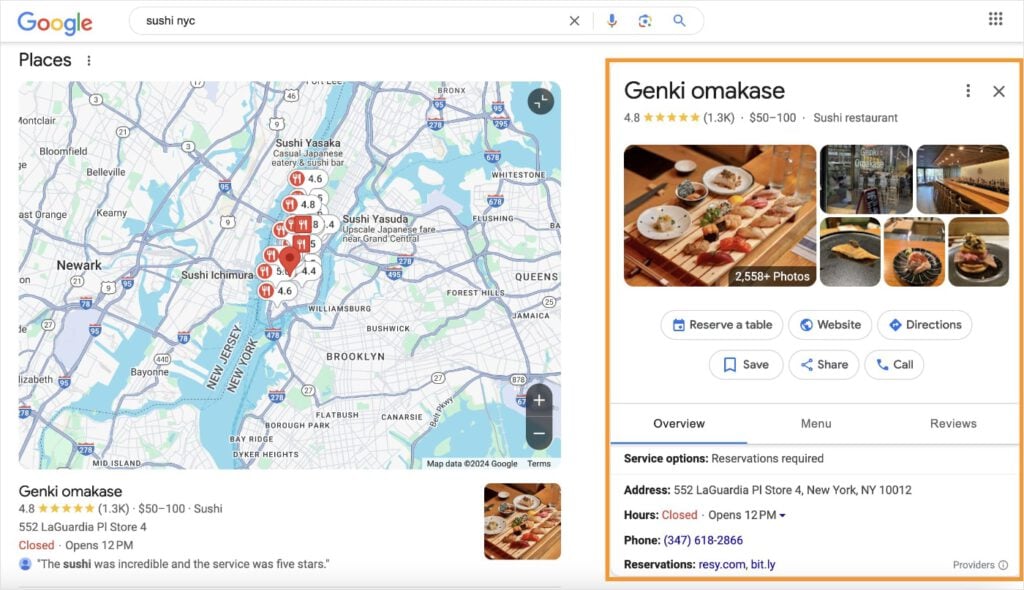 Google business profile featuring a sushi restaurant in New York.