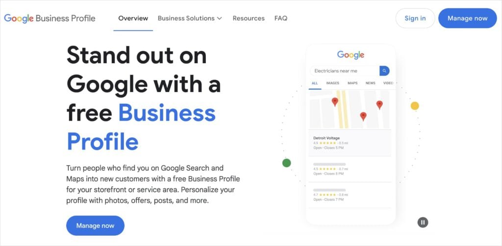 Google business profile homepage.