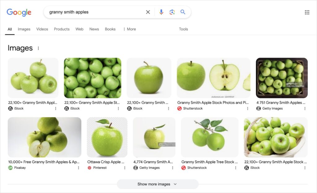 Google Image Pack shows green granny smith apples.