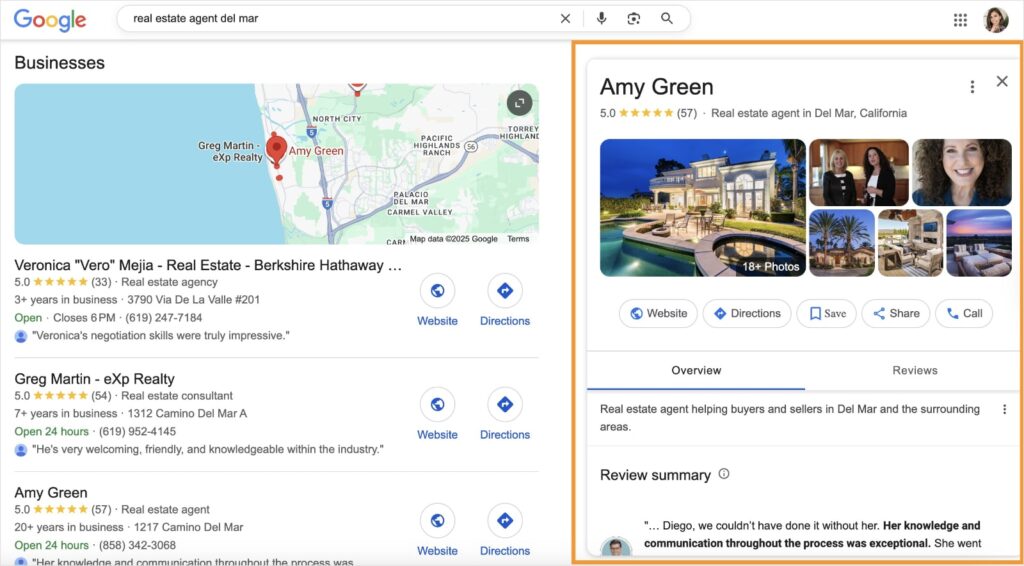 Google My Business profile for real estate agent, Amy Green in Del Mar.