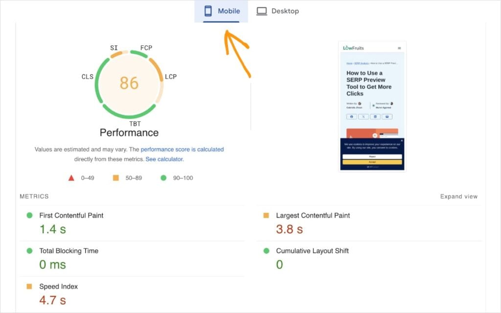 Page insights performance report for mobile.
