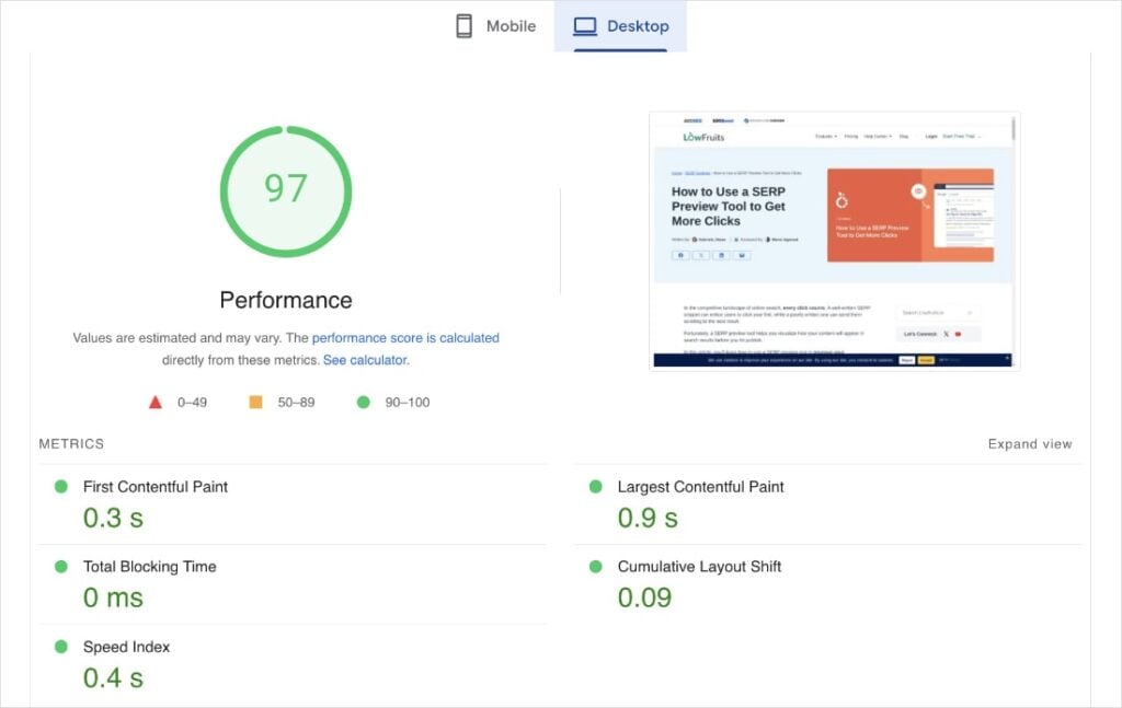 Google PageSpeed insights desktop performance.
