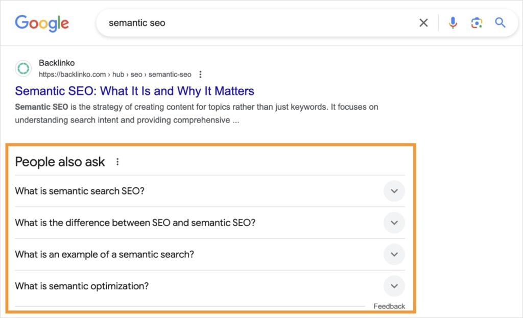 Google People Also Ask box on the SERP for the query semantic SEO.