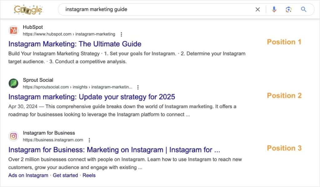 Example of top 3 organic search results in Google.