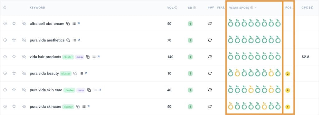 Google rankings with weak spots and the site's ranking positions.