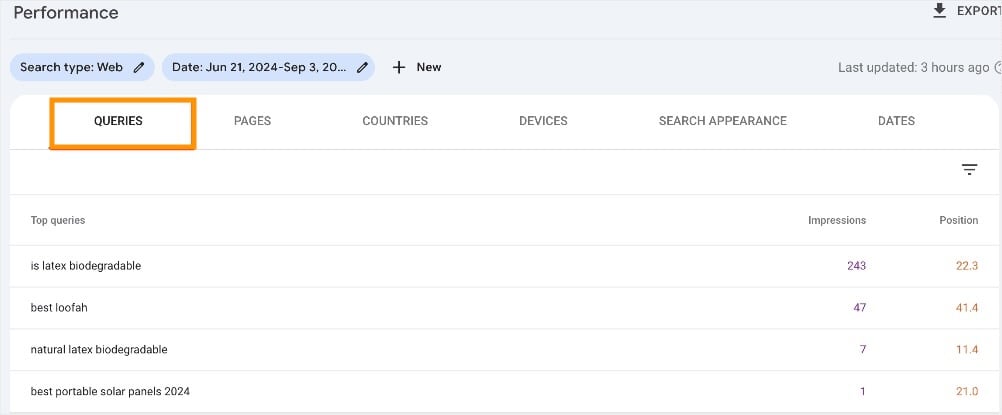 Queries report in Google Search shows top keywords.