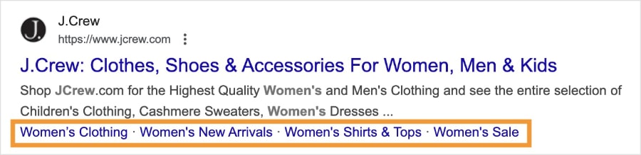 Google sitelinks for J.Crew search listing.
