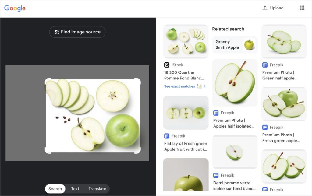 Google Lens visual search of a cut open apple.
