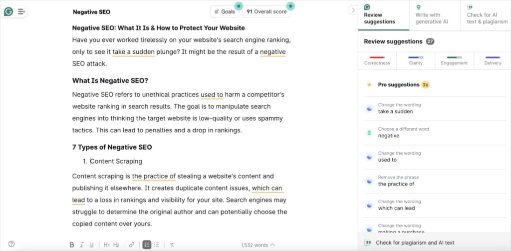 Grammarly review suggestions for an article.