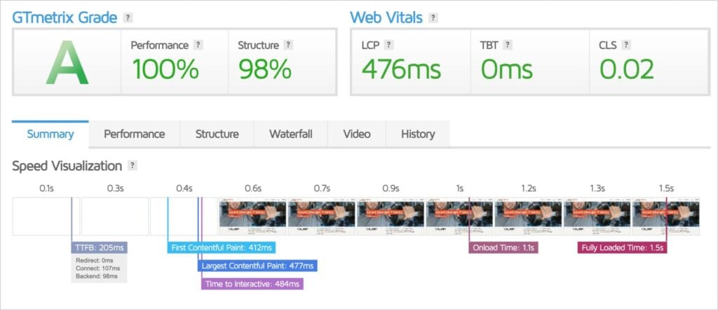 GTmetrix grade of 100% and a 98% structure.