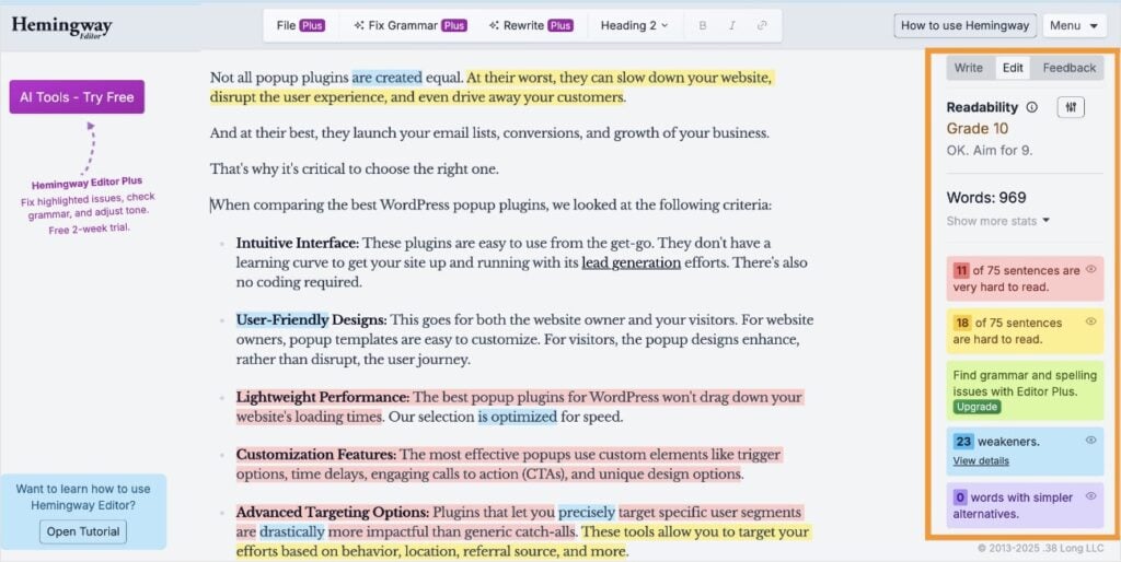 Hemingway Editor gives content readability feedback and recommendations.