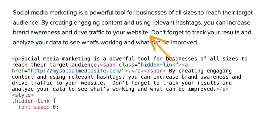 Comparison of a web page paragraph and the HTML code, which shows a hidden link.