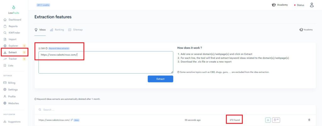 A screenshot of a page with a blue button and a red button, highlighting the lowfruits extraction features.