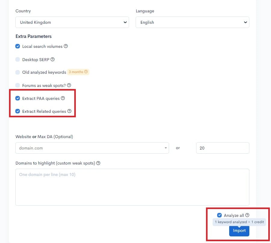 A screenshot of the adwords settings page featuring LowFruits and Ranking extraction features.