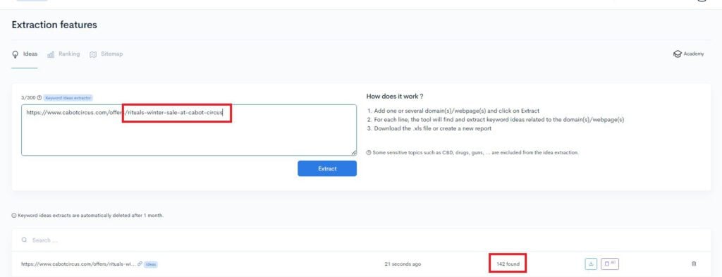 A screenshot of a page with a text box highlighted, providing ideas for extraction features.